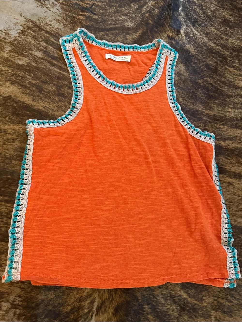 We The Free Orange Tank Top with Turquoise & Cream Trim